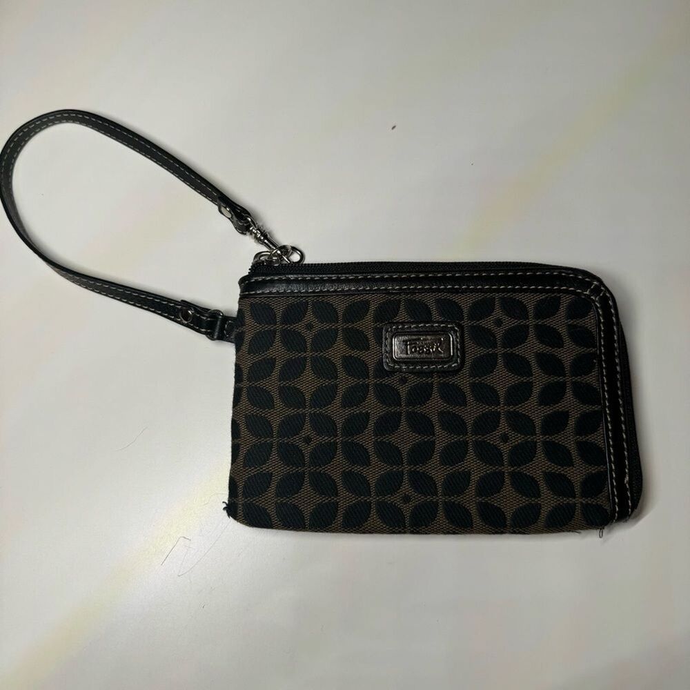 Fossil Leather Trim Canvas Wristlet Clutch Wallet Black/Brown